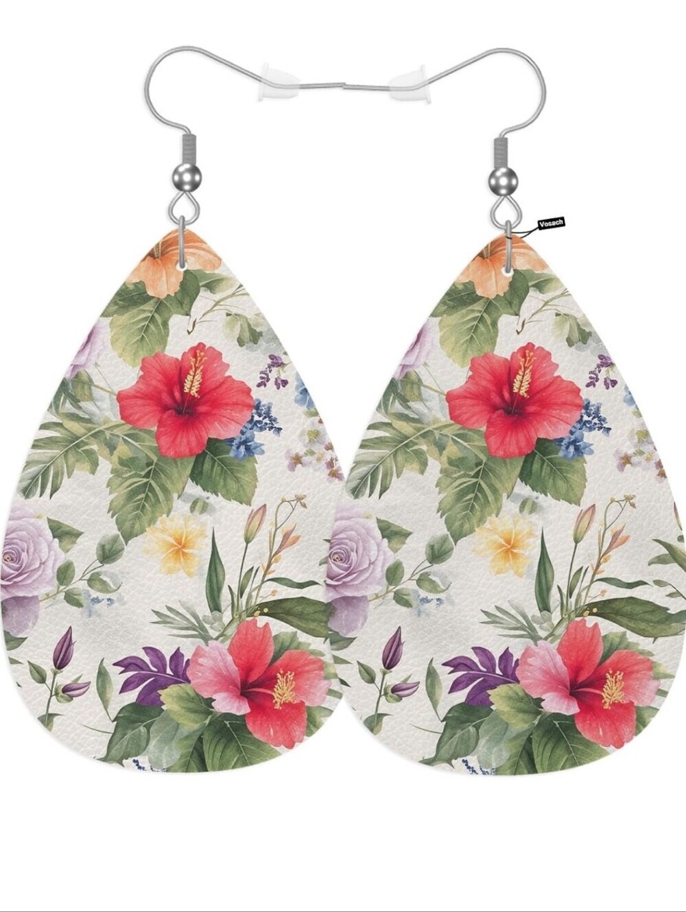 Floral Teardrop Earrings with Red Hibiscus -